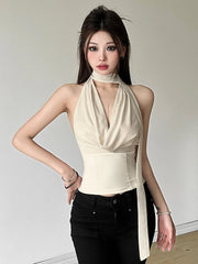 Hnewly Korean Fashion Sleeveless Tank Tops Women Vintage Plaid Y2k Crop Top Female Casual Outdoors Backless Blouse Chic Streetwear