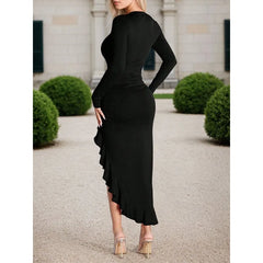 Hnewly Women's Black Slim Fit Ruched Dress Spring Fall Sexy O Neck Long Sleeve High Slit Knit Bias Cut Max Dresses