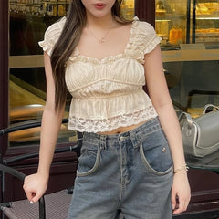 Hnewly Sexy Square Collar Lace Edge Ruched Causal Solid Crop Tops Y2K Summer Fashion New Women Daily 2025 Party Vest Clothes
