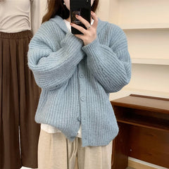 Hnewly Hooded Cardigan Sweater for Women Morandi Pink Blue Button-Up Knitted Hoodie Jacket Autumn Winter Teen-girl Slouchy Knitwear