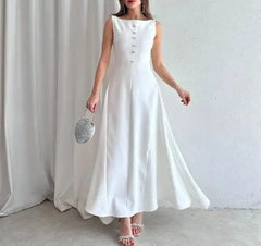 Hnewly Women's New Solid Color Round Neck Elegant Casual Sleeveless Button - Front Maxi Dress