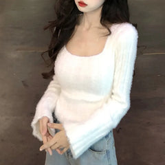 Hnewly Autumn Winter Knitting Crop Tops Women Skinny Sweaters Bottom Shirts Fashion Female Long Sleeve Pullover Casual Knitted Sweater