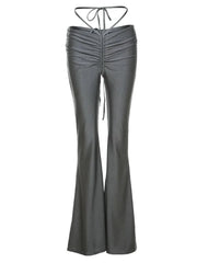 Hnewly Y2K Low Waist Flare Pants Women Drawstring Ruched Long Trousers Elastic Casual Streetwear Fashion Bandage Bottoms