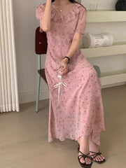 Hnewly Woman Dress Short Sleeve Floral Printed Ruffles French Style Chic Summer Fashion Casual Temperament Elegant Dresses