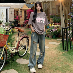 Hnewly American Retro Hole-punched Jeans Women High Waist Straight-crotch Loose Slim Design High-street Vibe Wide-legged Dragging Pants