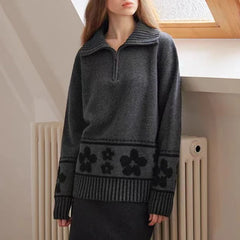 Hnewly Half Zipper Knit Cardigan Sweater Women Pullovers Cozy Loose Sweater Jacket Collared Long Sleeve Floral Print Fall Winter Outfit