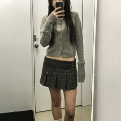 Hnewly Vintage Plaid Buttons Irregular Hem Pleated Mini Skirt Women Summer Coquette Aesthetic Y2K Outfits Hot Girl Short Skirt