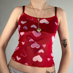 Hnewly Sexy Transparent Camis y2k Cute Heart Print Sleeveless Strap Cropped Top Women Clubwear See Through Tees Summer Harajuku