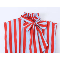 Lunivop Bow Tie Neck Sleeveless Striped Blouse Women Ruffle Hem Shirt Summer Tops