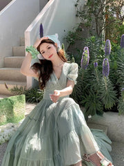 Hnewly French Elegant Evening Party Dress Women Summer Beach Style Casual V-neck Midi Dress Female Vintage Short Sleeve Korean Clothing