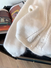 Hnewly Elegant Hollow Out O-neck Sweater Soft Short Knitted Cardigan Women's Spring Autumn 2025 New Korean Long Sleeved Jacket