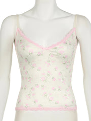 Hnewly Sweet Patchwork Lace Trim Floral Camis Top Sexy Slim V-Neck Sleeveless Tank Tops Women 2024 Summer Fashion Streetwear