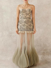 Hnewly Fashion Printed Patchwork Mesh Dress Women's Slash Neck Sleeveless Embroidery Dresses 2025 Summer New Tide