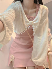 Hnewly Knitted Kawaii Lolita Two Piece Set Women Japanese Cute Sweet Dress Suit Female Korean Bow Pink Dress + Long Sleeve Coat