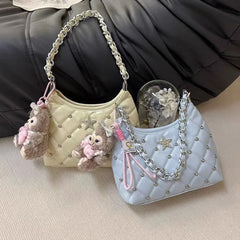 Hnewly Vintage White Y2k Underarm Bagwomen New Trendy Beading Chain Leather Shoulder Bags Female Retro Casual Crossbody Bags New