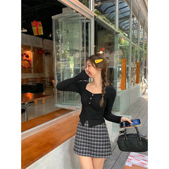 Hnewly Temperament Square Neck Long Sleeved T-Shirt For Women New Style Pleated Slim Fit And Slimming Short Top