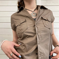 Hnewly Women Khaki Safari Shirts with Pocket Casual Short Sleeve Work Tshirt Vintage Street Outfits Button Up Crop Tops
