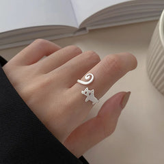 Hnewly Cute Silver Color New Trendy Cat Engagement Rings for Women Couple Elegant Simple Handmade Finger Anillos Jewelry Adjustable