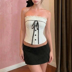 Lunivop French Sweet Spice Girl Summer Strapless Camisole Y2k Spliced Lace Edge Constrast Color Bow Tank Tops Punk Women Streetwear