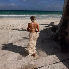 Hnewly Fashion Sexy Halter Neck Strap Vest Women's Aesthetic Lace Pleated Long Skirt Suit Spring Summer