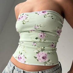 Hnewly Retro Cute Floral Print Tube Top Women Casual Kawaii Skinny Crop Tops for Summer Holiday Vintage 2000s Tee Aesthetic Lady