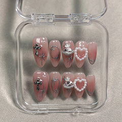 Hnewly 10pcs Blush Pink Fake Nail Patches Handmade Pearl Love Heart Press On Nails Planet Cross Designs Detachable Almond