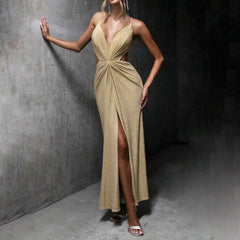 Hnewly Sexy High Splits Sequined Wrap Dress Elegant V-neck Backless Strappy Dresses For Women Party Clubwear Vestidos Summer