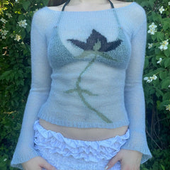 Hnewly Flower Long Sleeve Knitted Crop Tops Aesthetic See Through Sweater Tees 90s Vintage Y2k Gyaru Crop Tops Jumpers Cottage Clothes