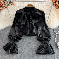 Hnewly Vintage Solid Blouses Women Elegant Acetate Satin Stand Collar Flare Sleeve Design New Chic Sweet Loose Ruffles Female Mujer
