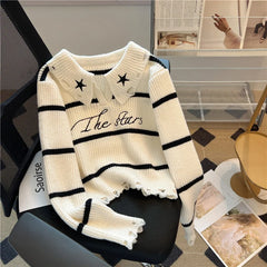 Hnewly Short Sweater Women's Autumn Winter 2025 New Stripe Hollow Out Fashion Star Letter Knitwear Long Sleeve Top Thicked Pullover