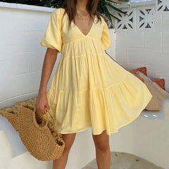 Hnewly Solid Color V Neck Loose Dress for Women Summer Beach Vacation A Line Dresses Woman Puff Sleeve Pregnants Maternity Dresses