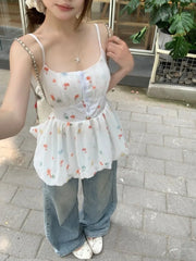 Hnewly Woman Camis Floral Printed Slash Neck Summer Fashion Slim Sweet Elegant Female Casual Tank Tops French Style Chic