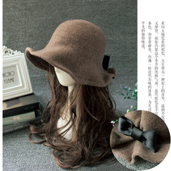 Hnewly Vintage Wool Bucket Hats Women Fashion Bows Basin Fisherman Hat Winter Black Coffee Dark Camel Hat Ladies Head Accessories