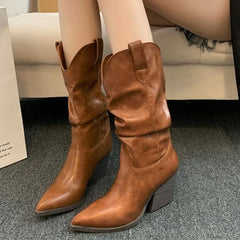 Hnewly Female Western Boots Cowboy Boots Women Plested Women Ankle Pu Leather Shoes Autumn Boots Women Booties Lady Plus Size 42