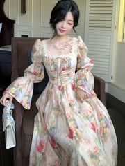 Hnewly Women French Printed Floral Midi Long Dress Summer Square Collar Lantern Sleeve Lace-up Midi Vestidos Elegant One Piece Clothing