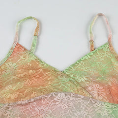 Hnewly y2k Lace Tie Dye Camis Chic Slim-fitting Cropped Top for Women Vintage 90s Mini Vest Summer Holiday Sexy Transparent Tees