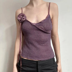 Hnewly Vintage Solid Strap Top Retro Floral Stitching Sleeveless Slim-fitting Crop Tops Women Summer Casual Knitted Tees Grunge