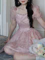 Hnewly Summer Pink Kawaii Lolita Dress Women Mini Puff Sleeve Beach Casual Elegant Fairy Dress Print Korea Cute Party Dress Female