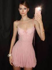 Hnewly Lace Patchwork Dress Women Backless Bow Lace-Up Sleeveless Thinny Pleated Solid Midnight Clubwear Party Mini Bodycon