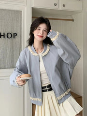 Hnewly Lace Patchwork Sweet Jacket Women Loose Vintage Preppy Style Cute Coat Female Long Sleeve Korean Retro O Neck Tops Outwear
