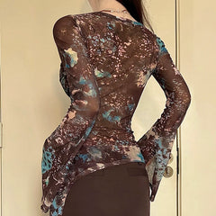 Hnewly Fairycore Grunge Printed Mesh Top Women Streetwear Slim-fitting Flared Sleeve T-shirts Translucent Asymmetrical Tees
