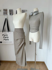 Hnewly Women's Spicy Girl Design Sense Pure Desire Knitted Shirt 90S Street Shoot Show Thin Split Fold Half Body Work Dress Set Top