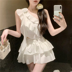 Hnewly Summer Japanese 2 Piece Skirt Set Women Off-the-Shoulder Sexy Y2k Crop Top Slim Fit Ruffle Y2k Mini Skirt Chiffon Korean