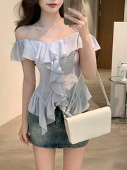 Hnewly Elegant 2 Piece Skirt Sets Summer French Harajuku Y2k Crop Tops Blouse Chiffon Shirt Straight Neck Sexy Slim Denim Skirts