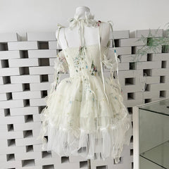 Hnewly Sweet Lolita Dress Green Layered Ruffle Dress with White Lace Trim and Bows Cosplay Costumes with Choker Party Flower Dress