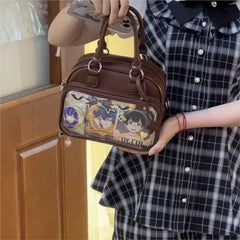 Hnewly Cute Anime Transparent Pin Display Ita Bag Women PU Leather Small Capacity Bowling Handbag Ladies Coffee Versatile Crossbody Bag