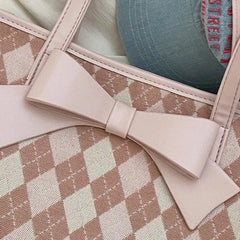 Hnewly Sweet Bow Quilted Shoulder Bag Women Girls Summer New Trendy Tote Purse Ladies Spacious Student Class Underarm Bag