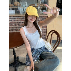 Hnewly Square Collar Lace Patchwork Camisole Vest For Women'S Summer New Sleeveless Top