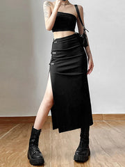 Hnewly Goth Dark Streetwear Black Y2k Cargo Midi Skirts Grunge Gothic Split Sexy High Waist Skirt For Women Korean Fashion Fall Bottoms
