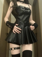 Hnewly Y2K Black Dress Set Women Casual High Street PU Coat + Elegant Party Y2k Mini Dress Korean Fashion Leather Suit Spring Chic